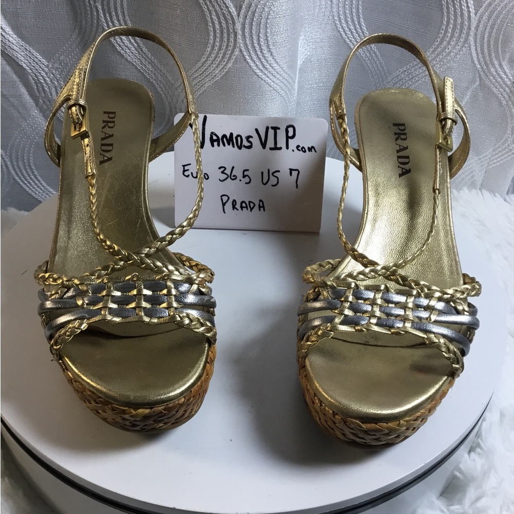 Prada Gold and Silver Braided Wedge Sandals